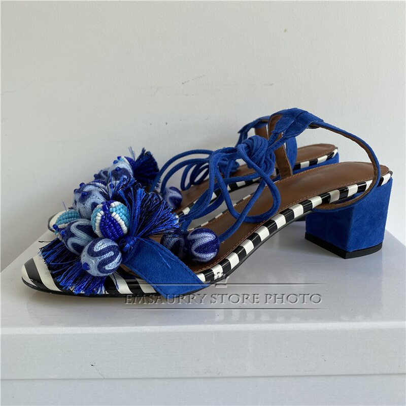 Wool Knitting Ball Tassels Sandals Women Ankle Wrap Striped Color Fringed Pompoms Stiletto Heel Suede Party Shoes Woman