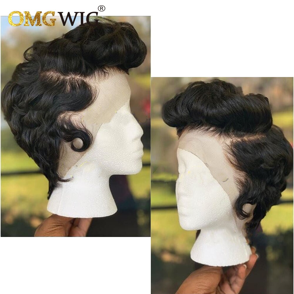 13x1 T Part Lace Wig Brazilian Remy Human Hair Wigs For Black Women Wavy Pre Plucked Hairline Side Part Short Bob Wig With Bangs