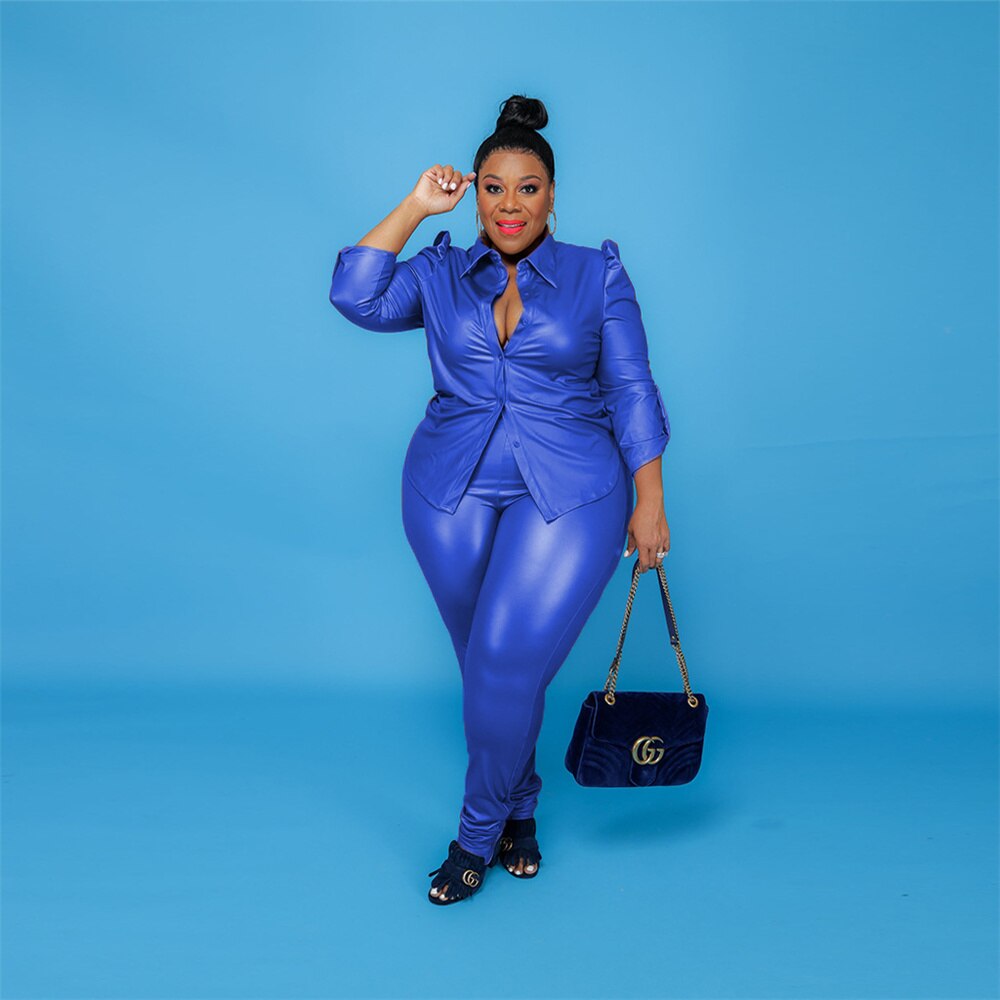 Plus Size Women Clothing PU Two Pieces Sets Office Lay Long Sleeve Top Trousers Solid Fashion New Outfits Wholesale Dropshipping
