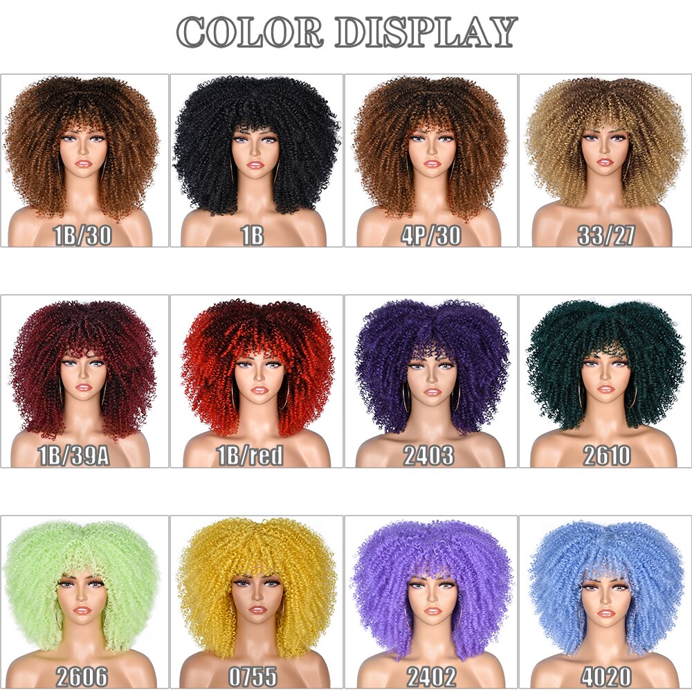 14'' Short Hair Afro Kinky Curly Wigs With Bangs For Black Women Synthetic Natural  Brown Mixed Blonde Wig Party Cosplay Daily