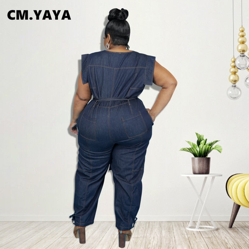 CM.YAYA Plus Size XL-5XL Women Denim Jumpsuit Short Sleeve Sashes One Piece Overall Romper Loose Street Night Club Outfit 2021