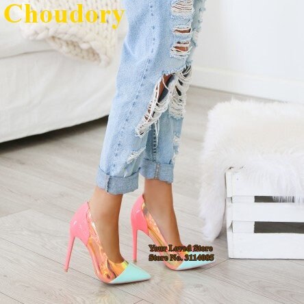 Choudory Pink Patent Leather Pointed Toe Pumps Hologram Iridescent Reflective PVC High Heel Shoes Mixed Color Celebrity Wedding