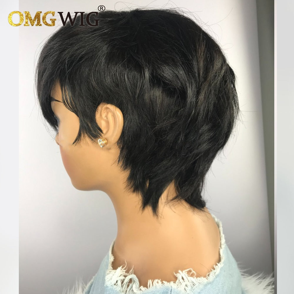 Straight Glueless Short Human Hair Wigs With Bangs Machine Made Brazilian Remy Hair Pixie Cut Wigs For Black Women Cheap Bob Wig