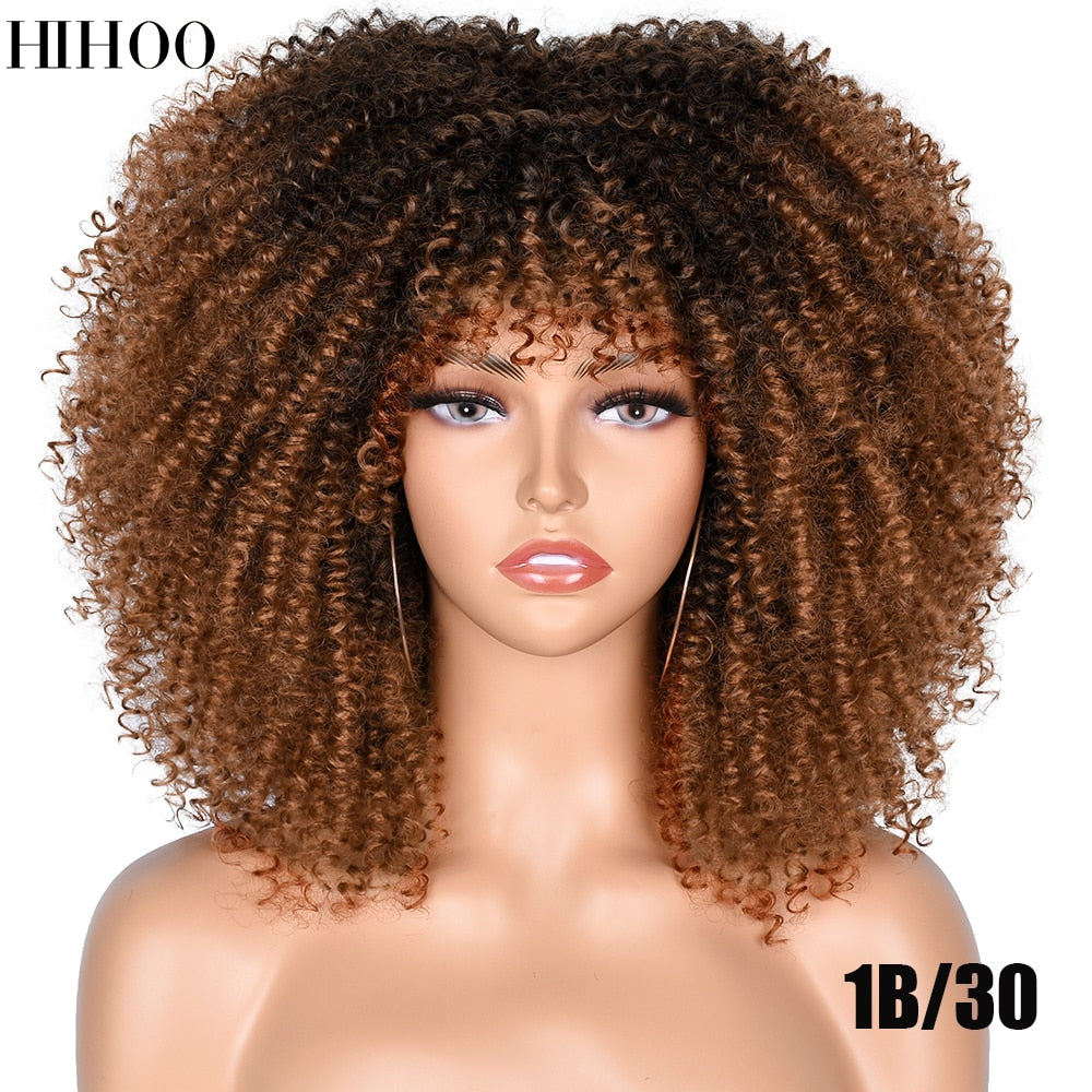 14'' Short Hair Afro Kinky Curly Wigs With Bangs For Black Women Synthetic Natural  Brown Mixed Blonde Wig Party Cosplay Daily