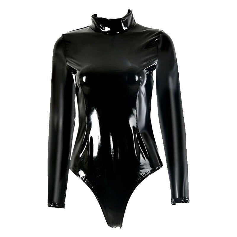 Sexy Women PVC Shiny High Cut Bodysuit Bandage One Piece Dance Wear Long Sleeve Latex Sexy Tight Matt Catsuit F75