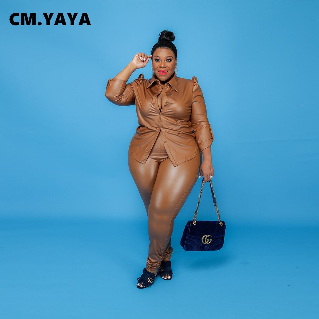 CM.YAYA Women Plus Size PU Set Solid Shirts Tops + Skinny Pants Two 2 Piece Sets Faux Leather Pants Suits Fashion Outfits Autumn