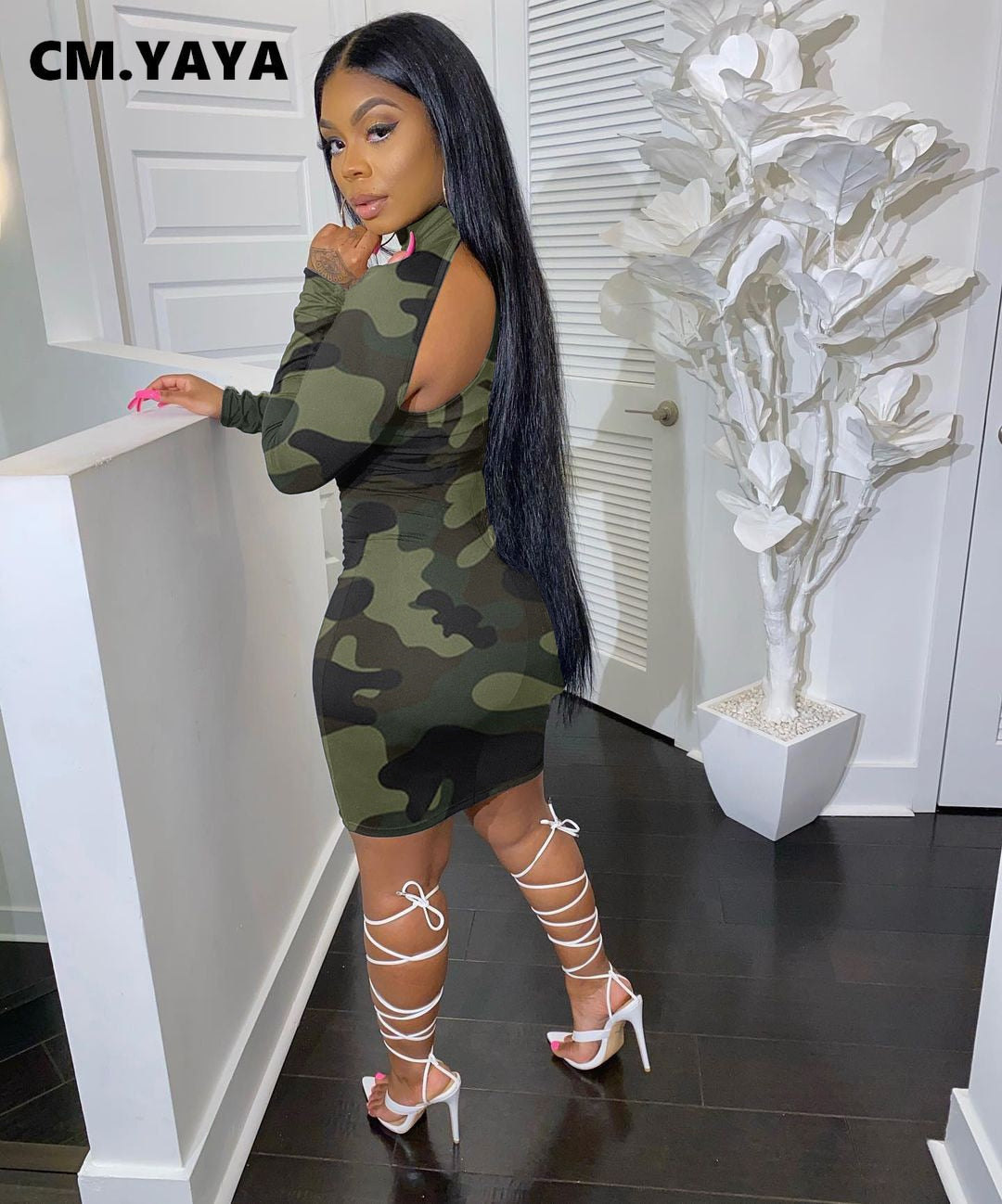CM.YAYA Full Sleeve Hollow Out Camouflage Knee-length Dress for Women Sheath Elastic Turtleneck Sexy Club Bar Party Dresses Fall