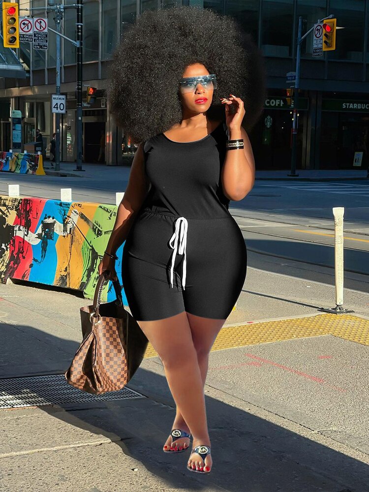 CM.YAYA Women Plus Size Playsuit Solid Sleeveless Drawstring Waist Stretchy Bodycon Playsuits Casual Rompers Summer Outfits 2021