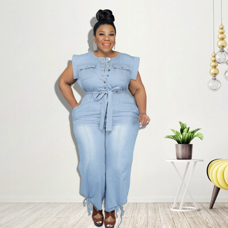 CM.YAYA Plus Size XL-5XL Women Denim Jumpsuit Short Sleeve Sashes One Piece Overall Romper Loose Street Night Club Outfit 2021