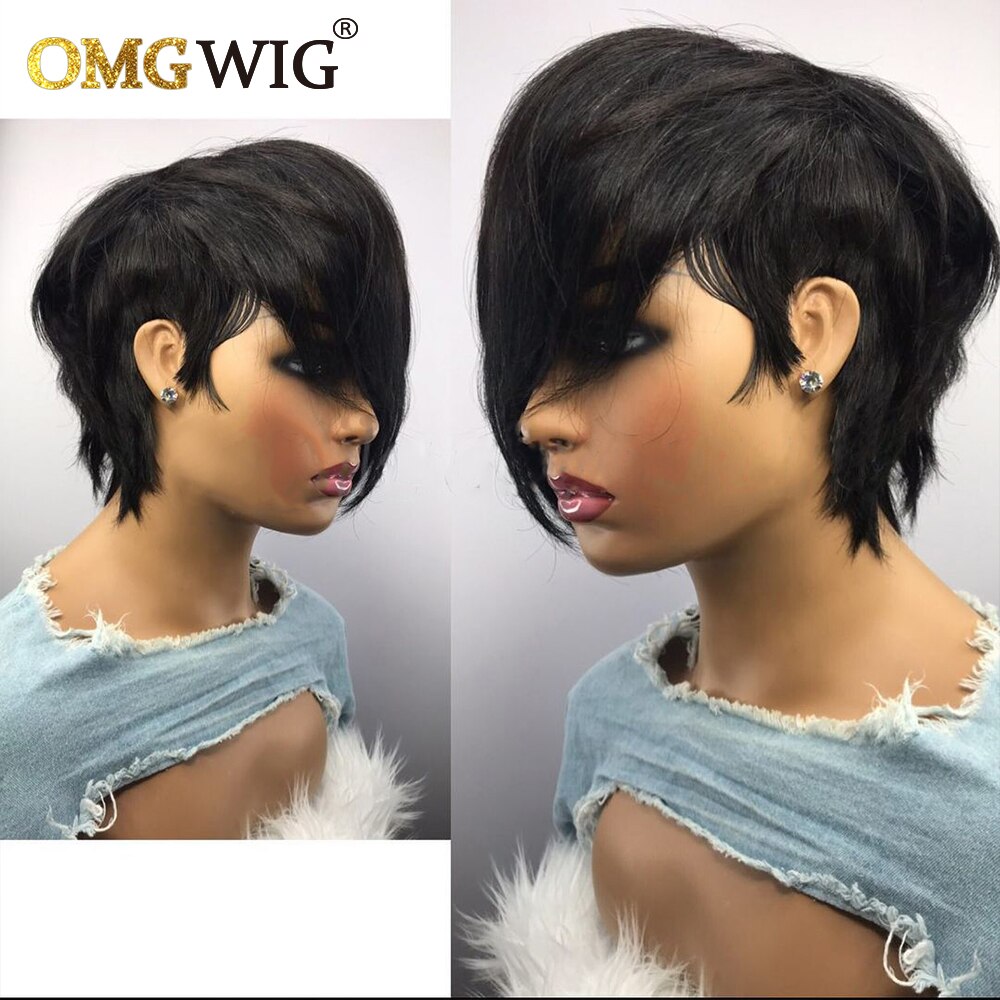 Straight Glueless Short Human Hair Wigs With Bangs Machine Made Brazilian Remy Hair Pixie Cut Wigs For Black Women Cheap Bob Wig