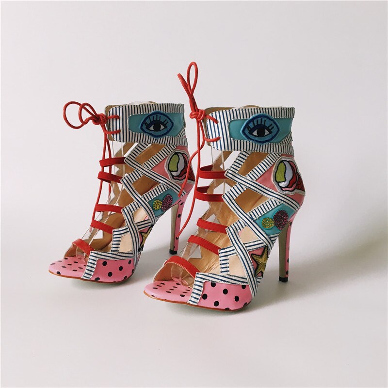 2020 Real Photos Women Summer Sandals Colorful Embroider High Heels Sandalias Fashion Zapatos Mujer Lace Up Pumps Prom Booties