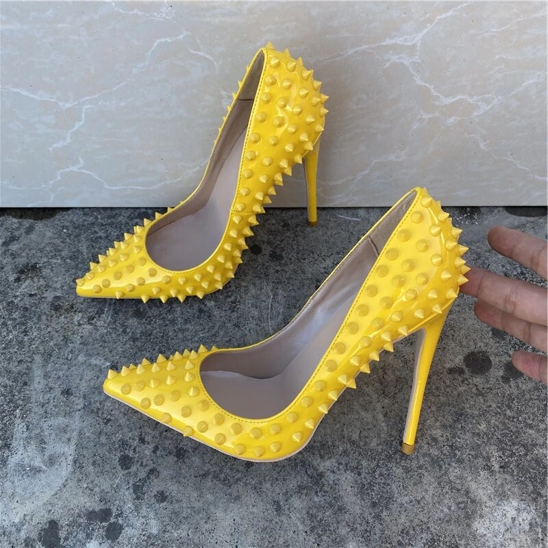 Heelgoo Yellow Women Sexy Spikes Pointy Toe High Heel Club Party Shoes Designer Classic Stiletto Pumps 8cm 10cm 12cm Customize