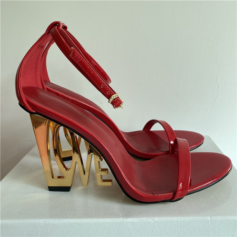 New Design Letter-Love Heel Gladiator Sandals Women Sexy One-strap Strange High Heels Fretwork Heel Summer Party Shoes