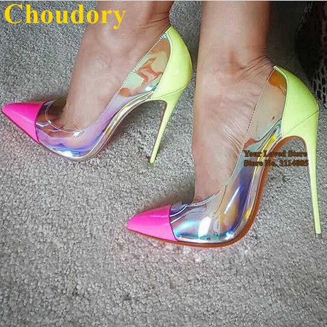 Choudory Pink Patent Leather Pointed Toe Pumps Hologram Iridescent Reflective PVC High Heel Shoes Mixed Color Celebrity Wedding