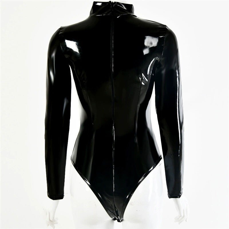Sexy Women PVC Shiny High Cut Bodysuit Bandage One Piece Dance Wear Long Sleeve Latex Sexy Tight Matt Catsuit F75
