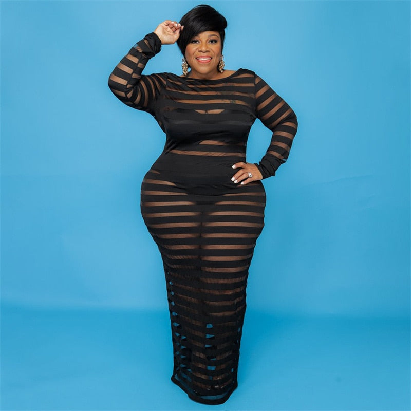 Plus Size Dresses Fall Clothes for Women Long Sleeve Lace Maxi Dress Mesh Backless Sexy Black Party Dress Wholesale Dropshipping
