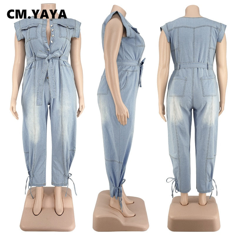 CM.YAYA Plus Size XL-5XL Women Denim Jumpsuit Short Sleeve Sashes One Piece Overall Romper Loose Street Night Club Outfit 2021