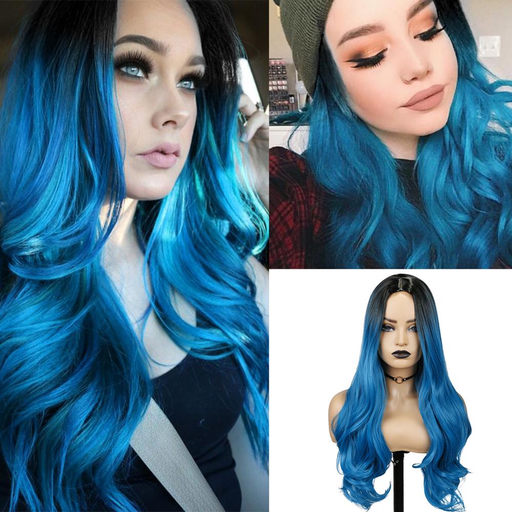 FAVE Long Wavy Wigs Ombre Gray To Watermelon Red Black Grey Purple Blue Brown Synthetic Hair For Black White Women Cosplay Party