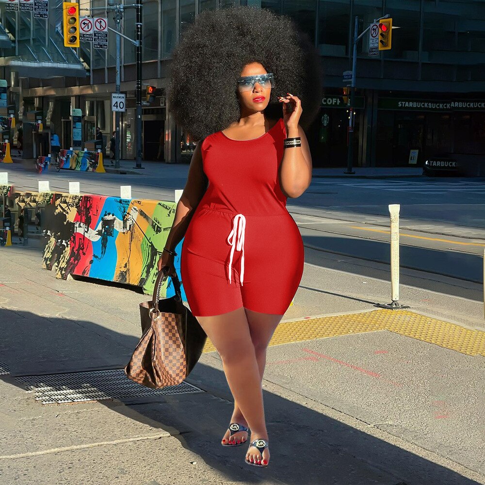 CM.YAYA Women Plus Size Playsuit Solid Sleeveless Drawstring Waist Stretchy Bodycon Playsuits Casual Rompers Summer Outfits 2021