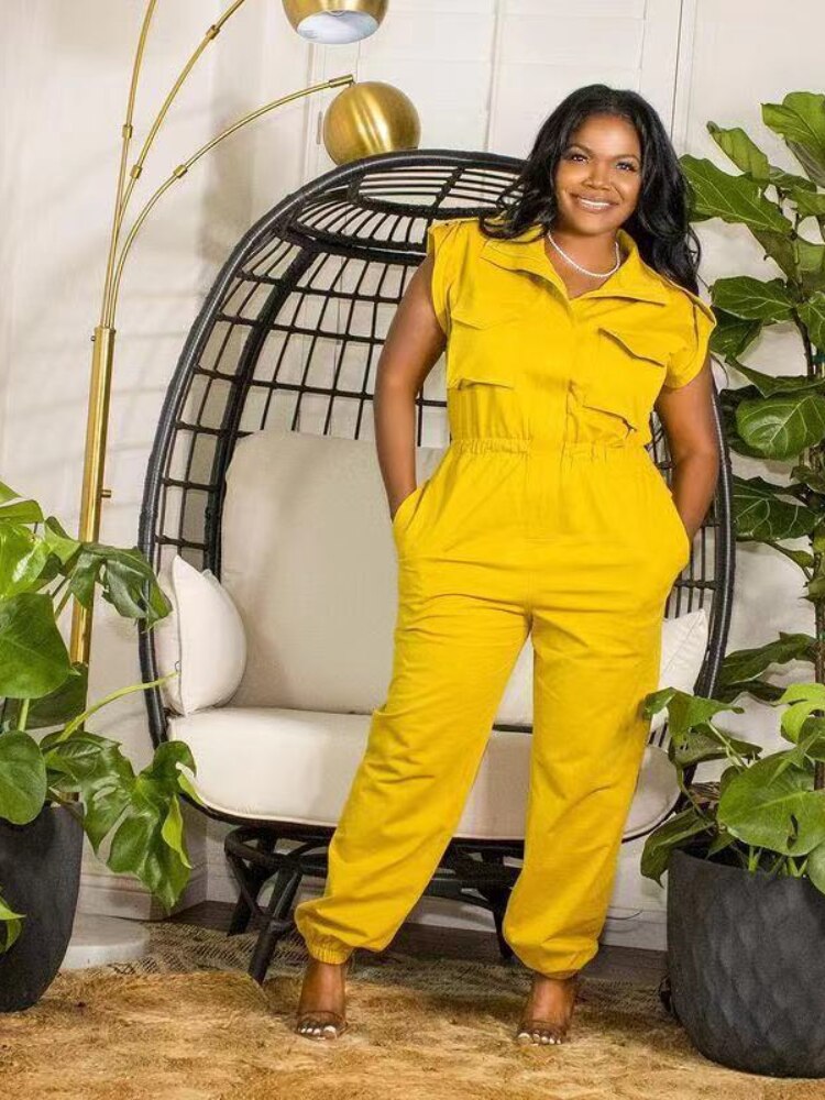 CM.YAYA Women Plus Size Jumpsuit Solid Short Sleeve Turn-down Pockets Loose Straight Jumpsuits Fashion Casual Outfit Summer 2021
