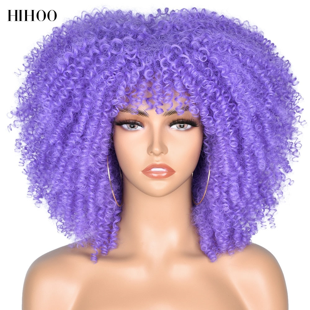 14'' Short Hair Afro Kinky Curly Wigs With Bangs For Black Women Synthetic Natural  Brown Mixed Blonde Wig Party Cosplay Daily