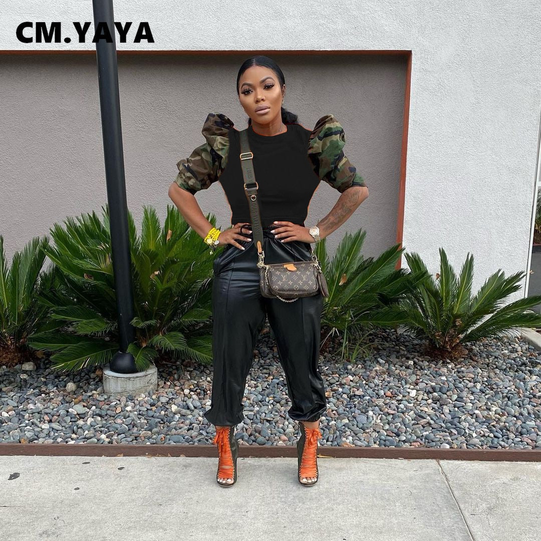 CM.YAYA Women Camouflage Half Length Pull Sleeve O-neck Patchwork Mini T-shirt Tops