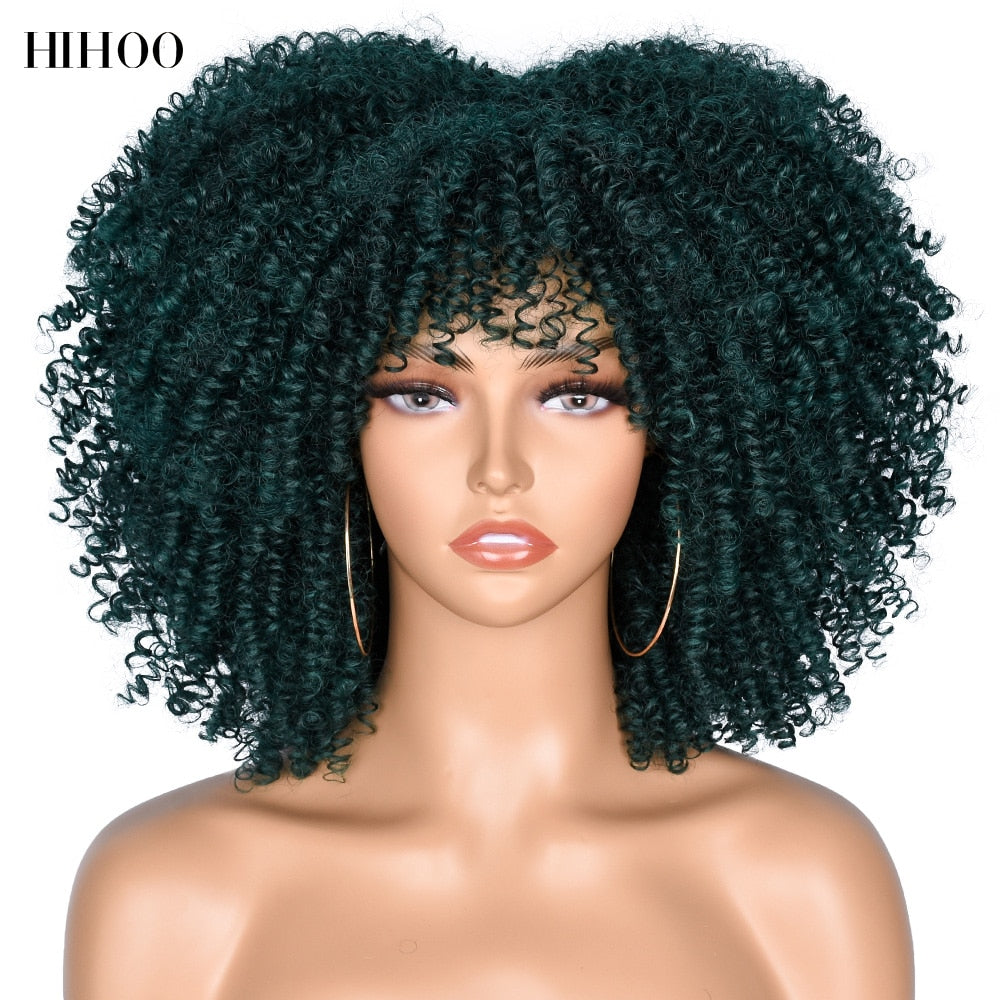 14'' Short Hair Afro Kinky Curly Wigs With Bangs For Black Women Synthetic Natural  Brown Mixed Blonde Wig Party Cosplay Daily