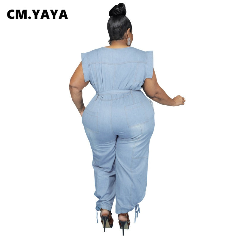 CM.YAYA Plus Size XL-5XL Women Denim Jumpsuit Short Sleeve Sashes One Piece Overall Romper Loose Street Night Club Outfit 2021