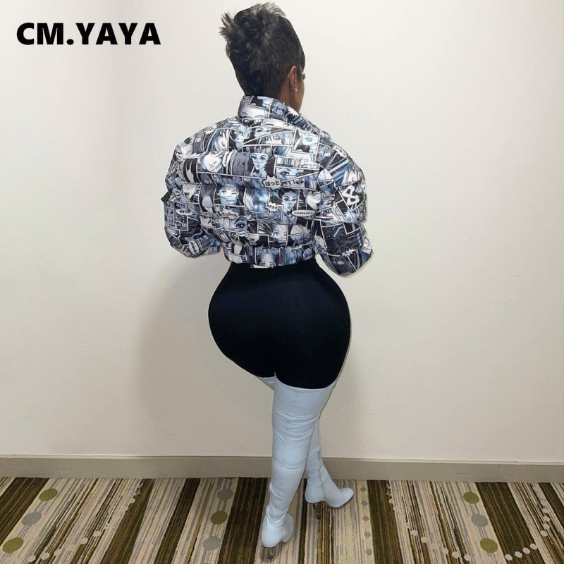 CM.YAYA Winter Women Zipper Fly Cartoon Parkas Jackets Streetwear Full Sleeve Casual Down Wool Coats Outcoats