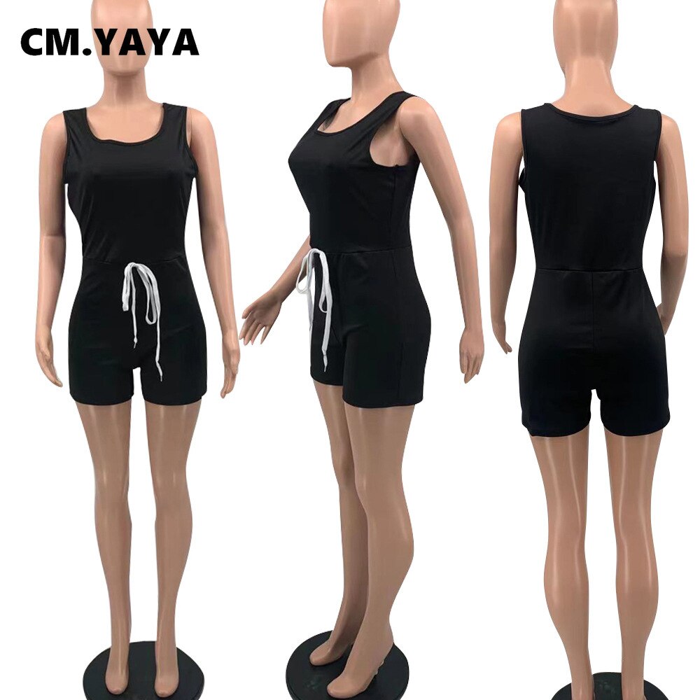 CM.YAYA Women Plus Size Playsuit Solid Sleeveless Drawstring Waist Stretchy Bodycon Playsuits Casual Rompers Summer Outfits 2021