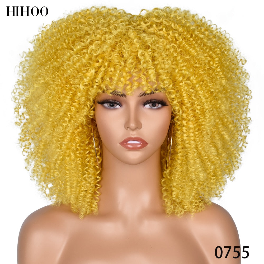 14'' Short Hair Afro Kinky Curly Wigs With Bangs For Black Women Synthetic Natural  Brown Mixed Blonde Wig Party Cosplay Daily