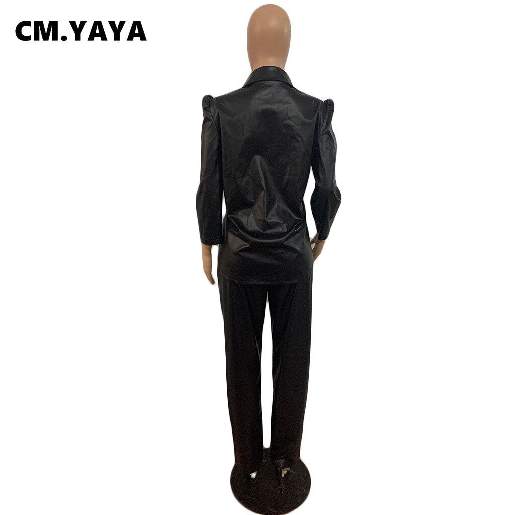 CM.YAYA Women Plus Size PU Set Solid Shirts Tops + Skinny Pants Two 2 Piece Sets Faux Leather Pants Suits Fashion Outfits Autumn
