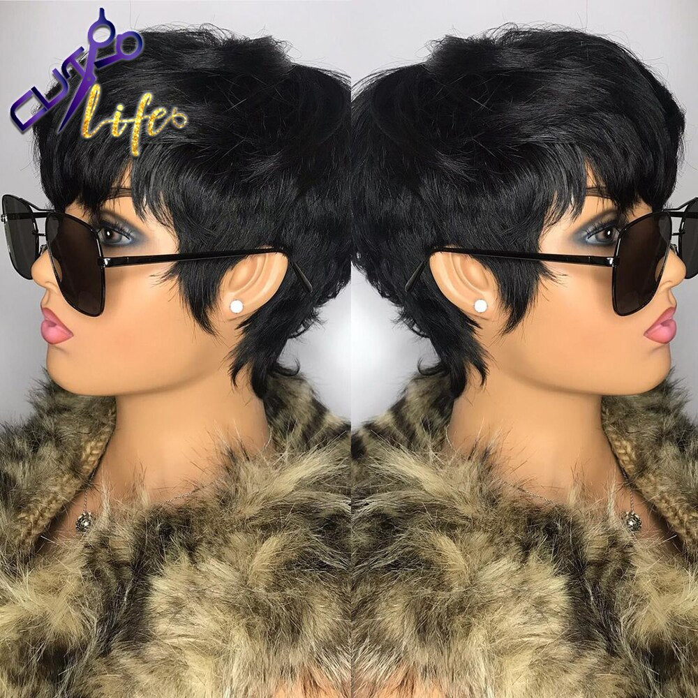 Short Wavy Bob Pixie Cut Full Machine Made Natural Cheap Non Lace Human Hair Wigs With Bangs For Black Women Remy Brazilian Hair