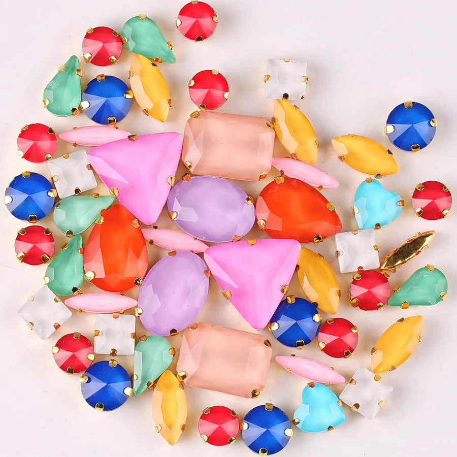 Gold claw settings 50pcs/bag shapes mix  jelly candy white color glass crystal sew on rhinestone wedding dress shoes bags diy