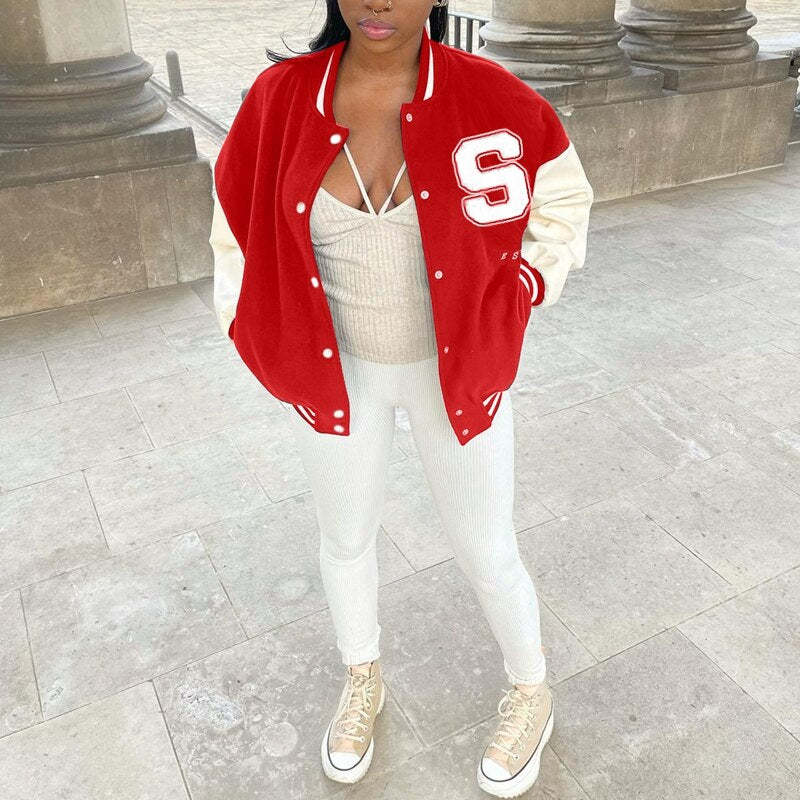 Women 2021 Patchwork Button Black Crop Top Jackets Coats Red Varsity Bomber Jacket Baseball Fashion Fall Jackets