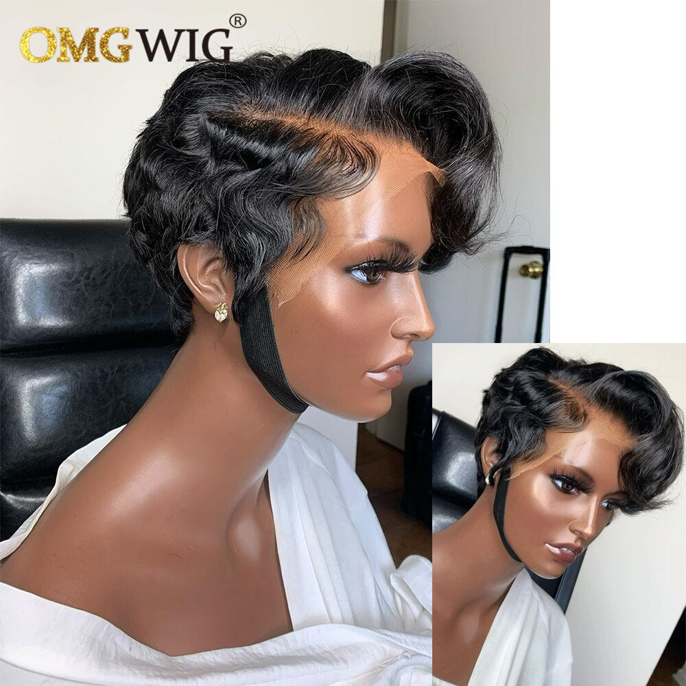 13x1 T Part Lace Wig Brazilian Remy Human Hair Wigs For Black Women Wavy Pre Plucked Hairline Side Part Short Bob Wig With Bangs
