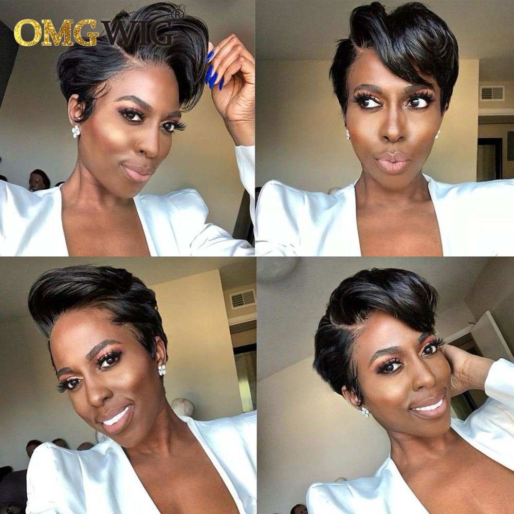 13x1 T Part Lace Wig Brazilian Remy Human Hair Wigs For Black Women Wavy Pre Plucked Hairline Side Part Short Bob Wig With Bangs