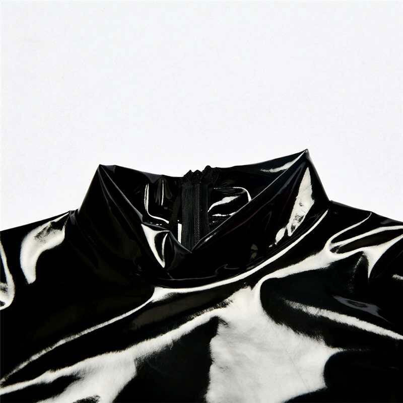 Sexy Women PVC Shiny High Cut Bodysuit Bandage One Piece Dance Wear Long Sleeve Latex Sexy Tight Matt Catsuit F75
