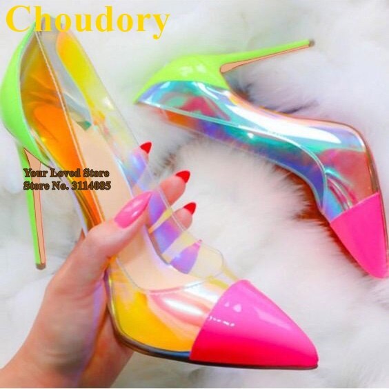 Choudory Pink Patent Leather Pointed Toe Pumps Hologram Iridescent Reflective PVC High Heel Shoes Mixed Color Celebrity Wedding