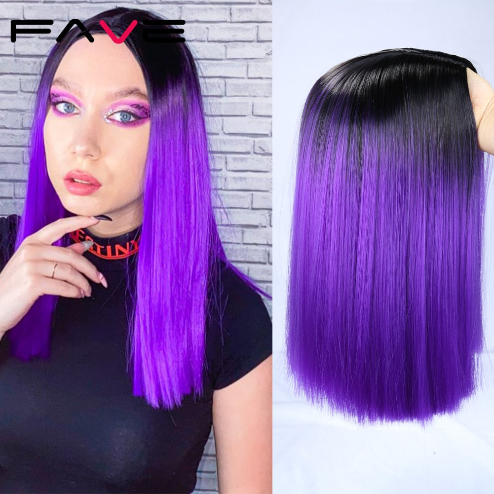 FAVE Ombre Black Purple/Blonde/Grey/Flax Brown/ Straight Synthetic Wig Shoulder Length Middle Part Cosplay For Women's Daily Wig