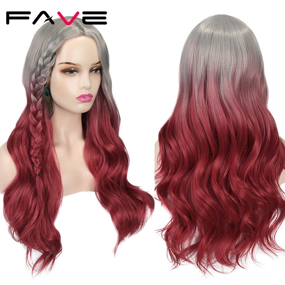 FAVE Long Wavy Wigs Ombre Gray To Watermelon Red Black Grey Purple Blue Brown Synthetic Hair For Black White Women Cosplay Party