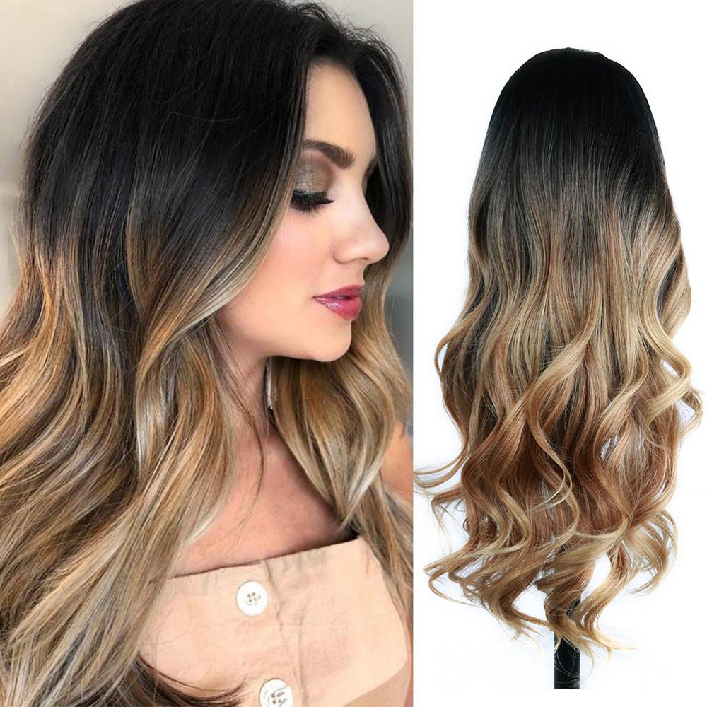 FAVE Long Wavy Wigs Ombre Gray To Watermelon Red Black Grey Purple Blue Brown Synthetic Hair For Black White Women Cosplay Party