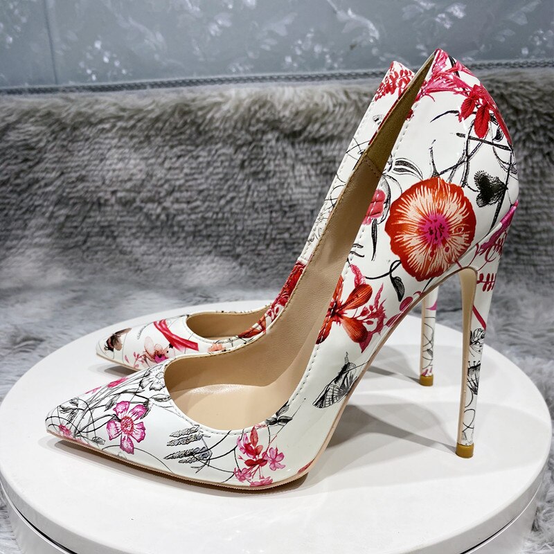 Veowalk Flowers Print Women Patent Leather Pointed Toe Stiletto Pumps 8cm 10cm 12cm High Heel Party Shoes US Size 10 11 12