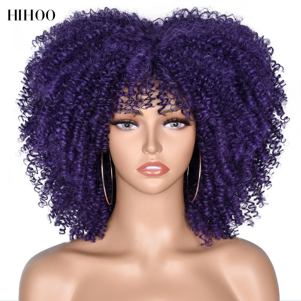 14'' Short Hair Afro Kinky Curly Wigs With Bangs For Black Women Synthetic Natural  Brown Mixed Blonde Wig Party Cosplay Daily