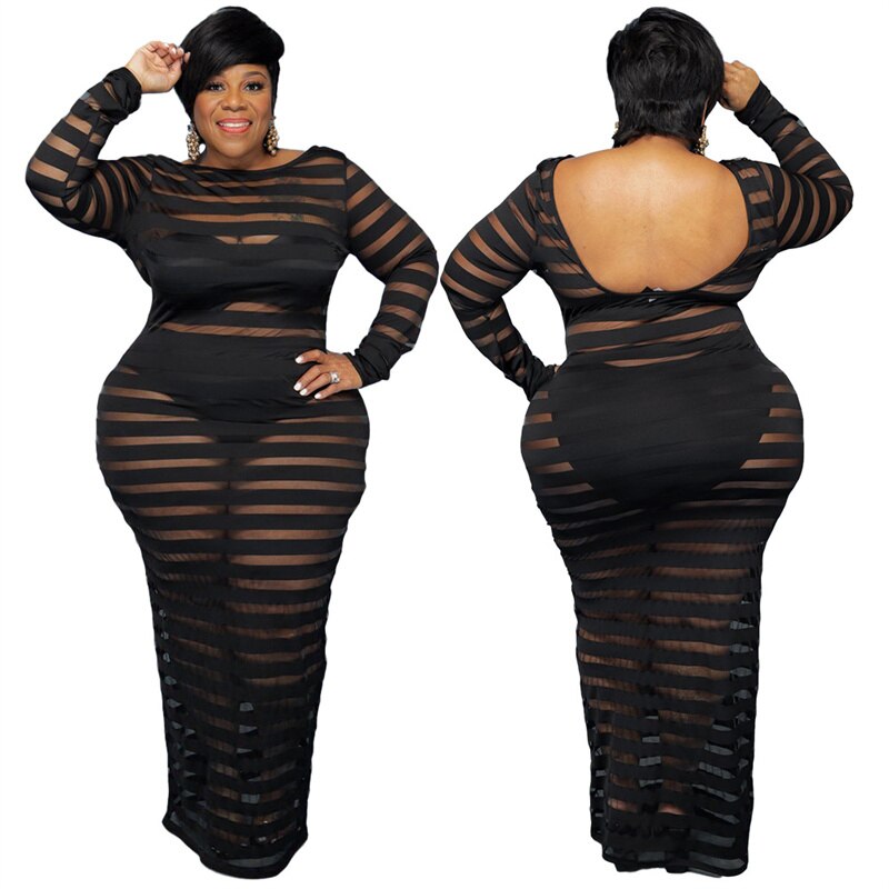 Plus Size Dresses Fall Clothes for Women Long Sleeve Lace Maxi Dress Mesh Backless Sexy Black Party Dress Wholesale Dropshipping