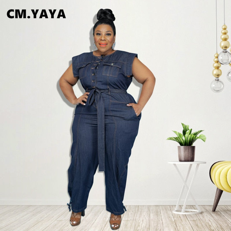 CM.YAYA Plus Size XL-5XL Women Denim Jumpsuit Short Sleeve Sashes One Piece Overall Romper Loose Street Night Club Outfit 2021