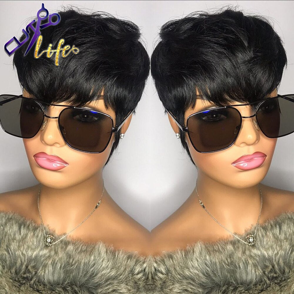 Short Wavy Bob Pixie Cut Full Machine Made Natural Cheap Non Lace Human Hair Wigs With Bangs For Black Women Remy Brazilian Hair