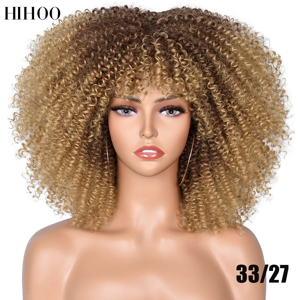 14'' Short Hair Afro Kinky Curly Wigs With Bangs For Black Women Synthetic Natural  Brown Mixed Blonde Wig Party Cosplay Daily