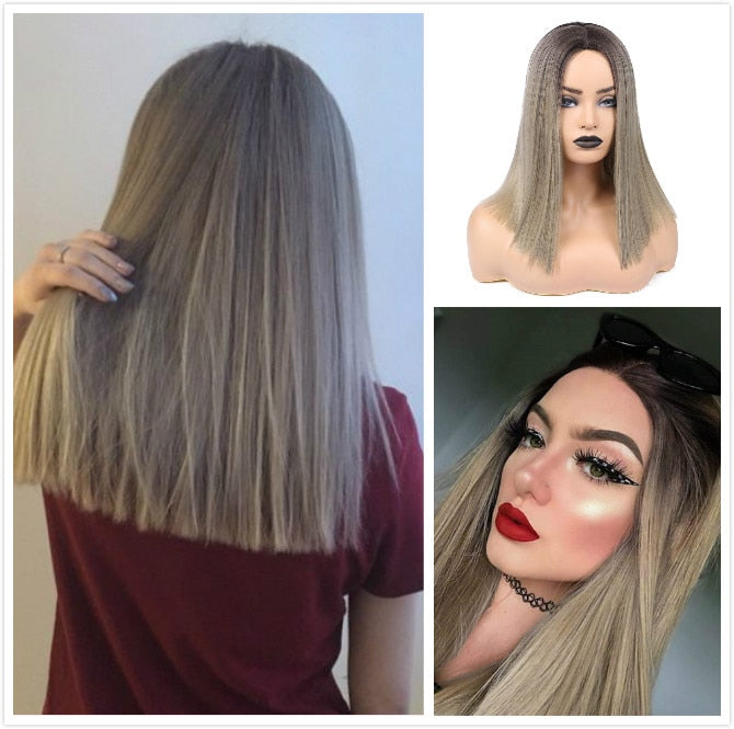 FAVE Ombre Black Purple/Blonde/Grey/Flax Brown/ Straight Synthetic Wig Shoulder Length Middle Part Cosplay For Women's Daily Wig