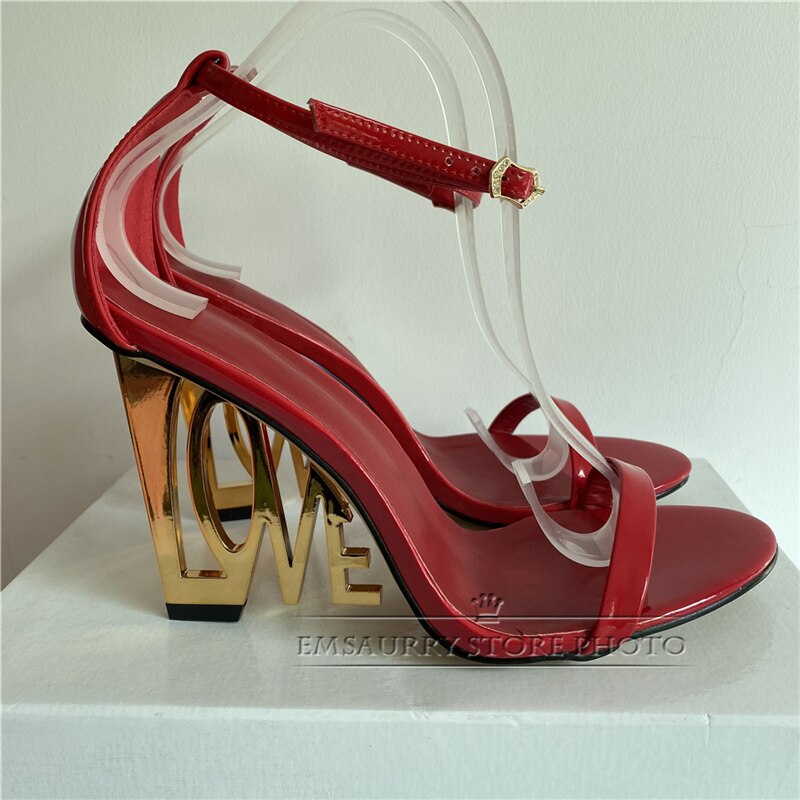 New Design Letter-Love Heel Gladiator Sandals Women Sexy One-strap Strange High Heels Fretwork Heel Summer Party Shoes